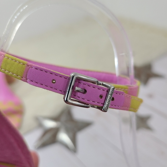 Gianni Bini Maileigh Checkered Satin Ankle Strap Block Heels green pink size 8.5 - Picture 7 of 7